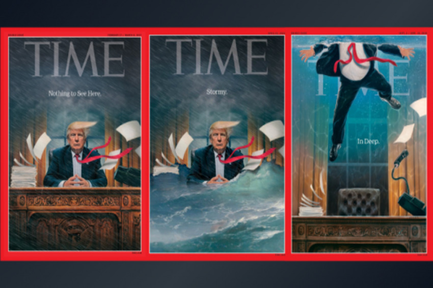 Judging Time By Its Covers: Cartoon, Scary Trump vs. Inspiring 2020 Dems